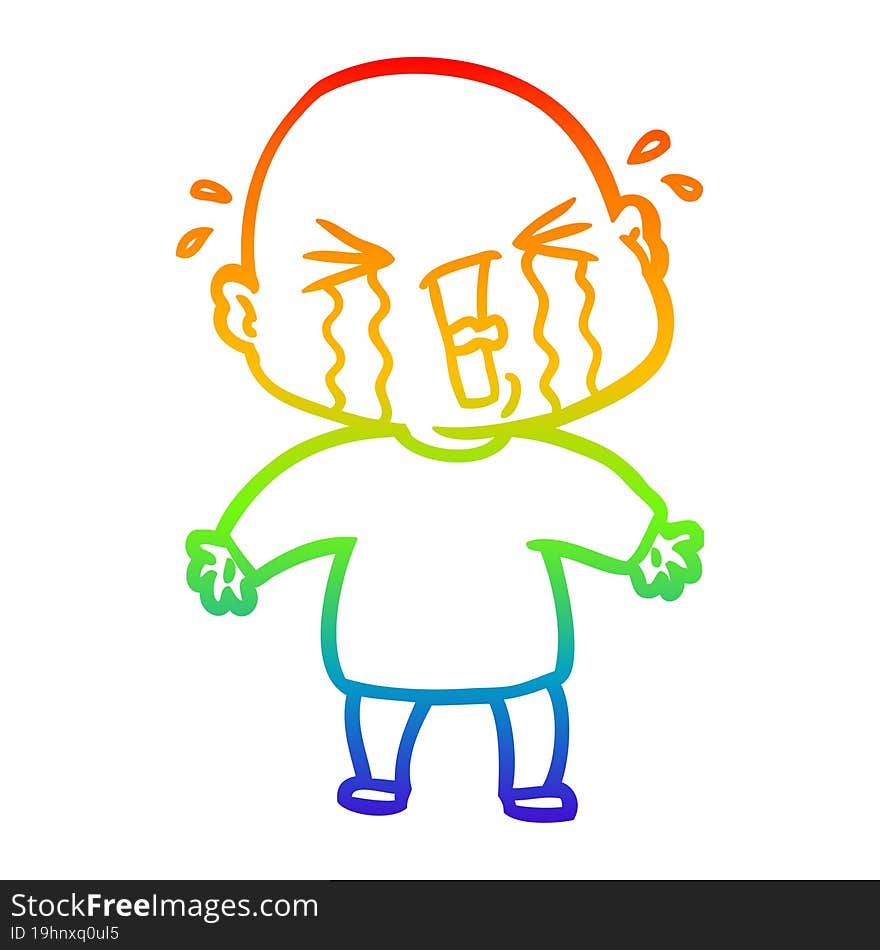 rainbow gradient line drawing cartoon crying bald man