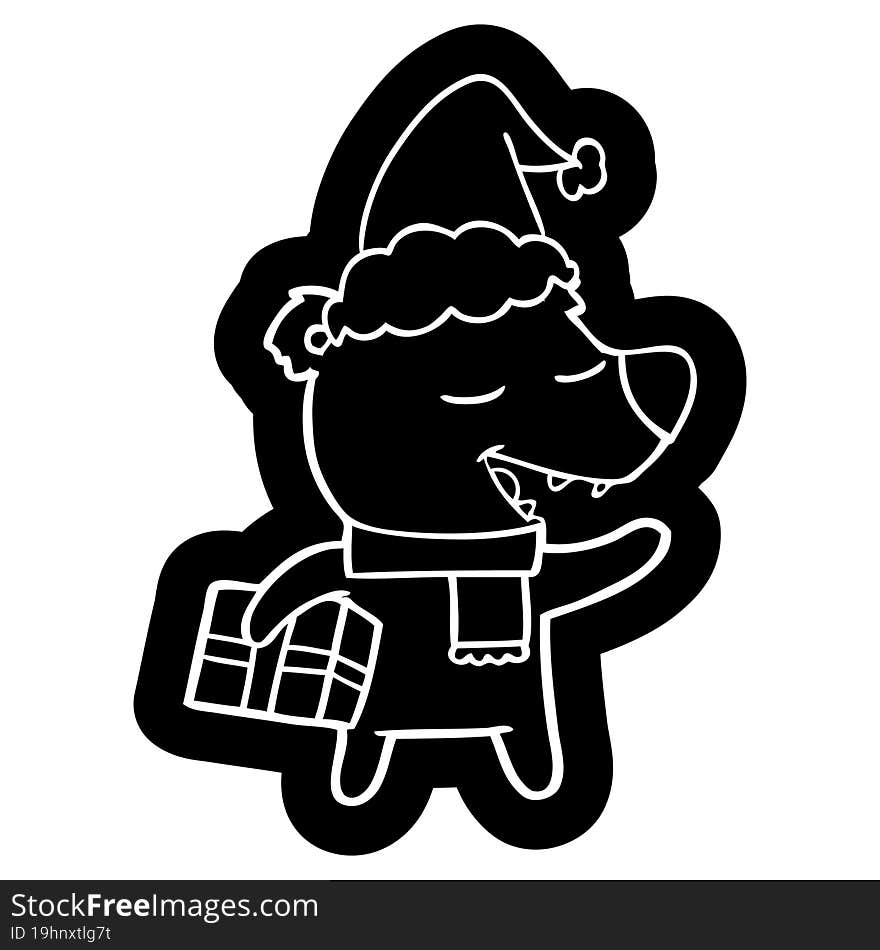 cartoon icon of a bear with present wearing santa hat