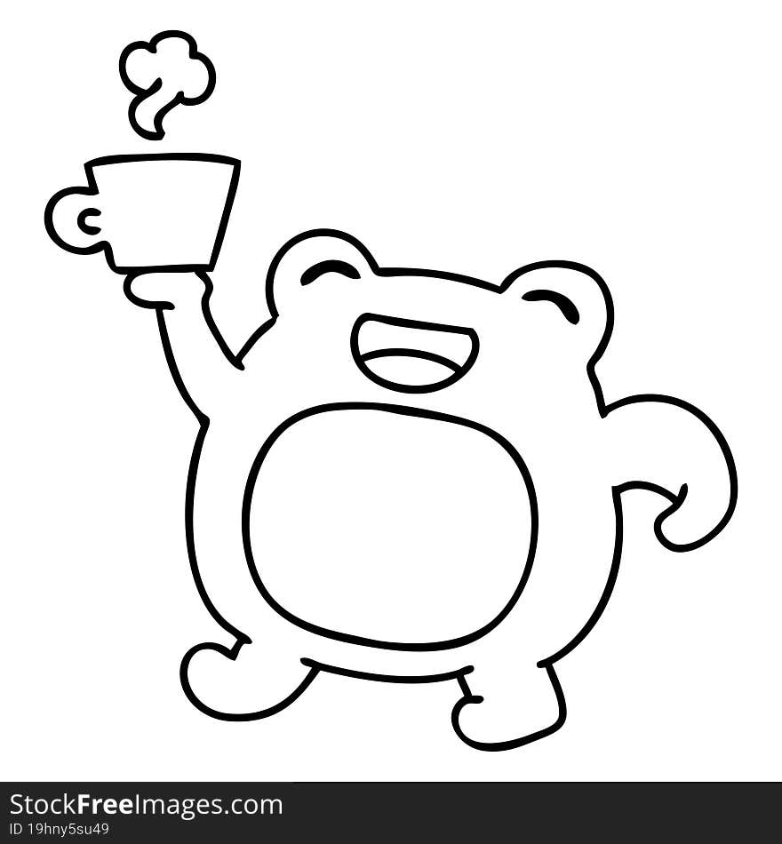 line doodle of a happy frog with morning coffee. line doodle of a happy frog with morning coffee