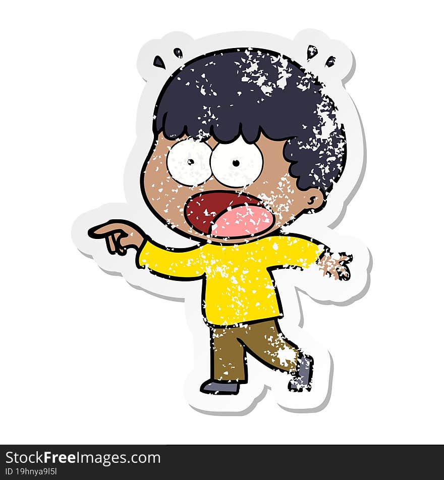 distressed sticker of a cartoon shocked man pointing