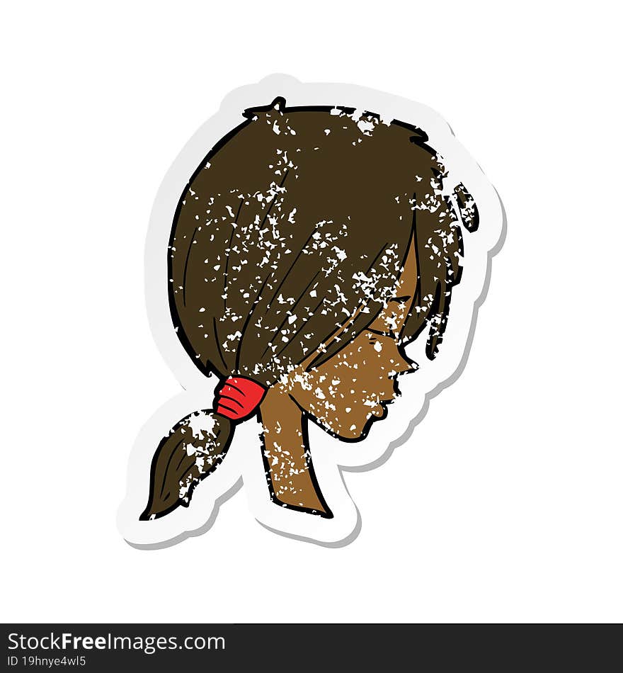 retro distressed sticker of a cartoon girl looking thoughtful