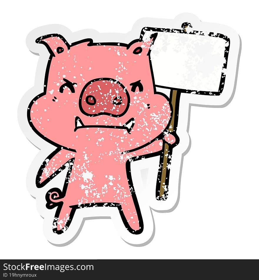 distressed sticker of a angry cartoon pig protesting