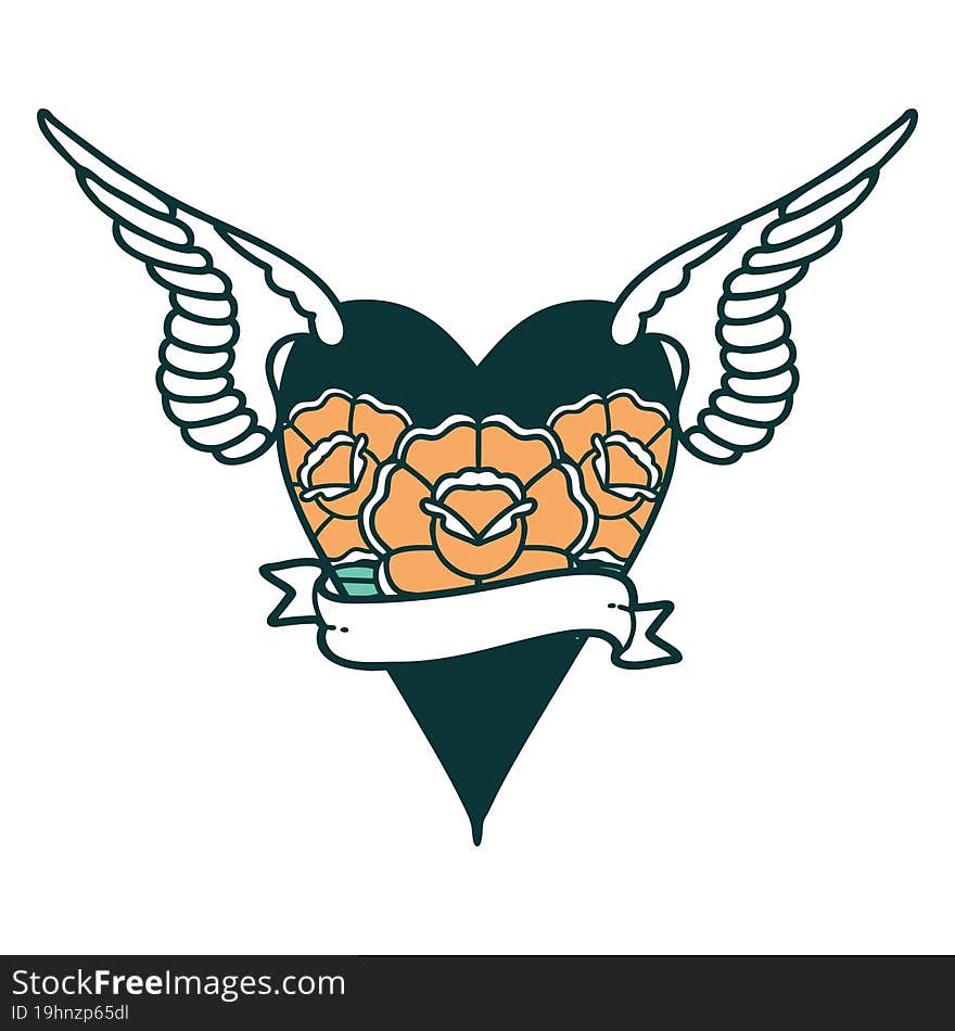 Tattoo Style Icon Of A Flying Heart With Flowers And Banner