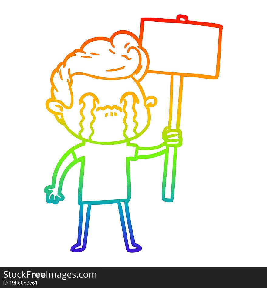 rainbow gradient line drawing of a cartoon man crying holding sign