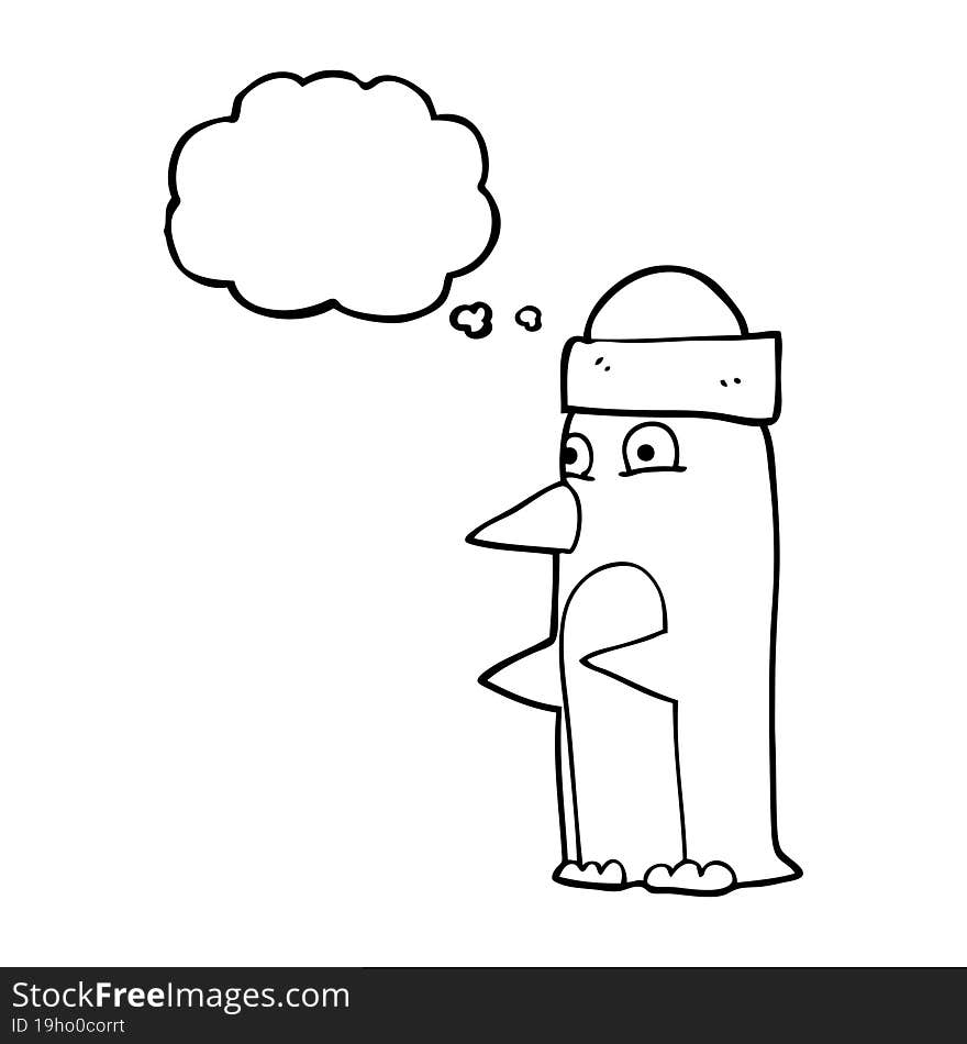 thought bubble cartoon penguin wearing hat