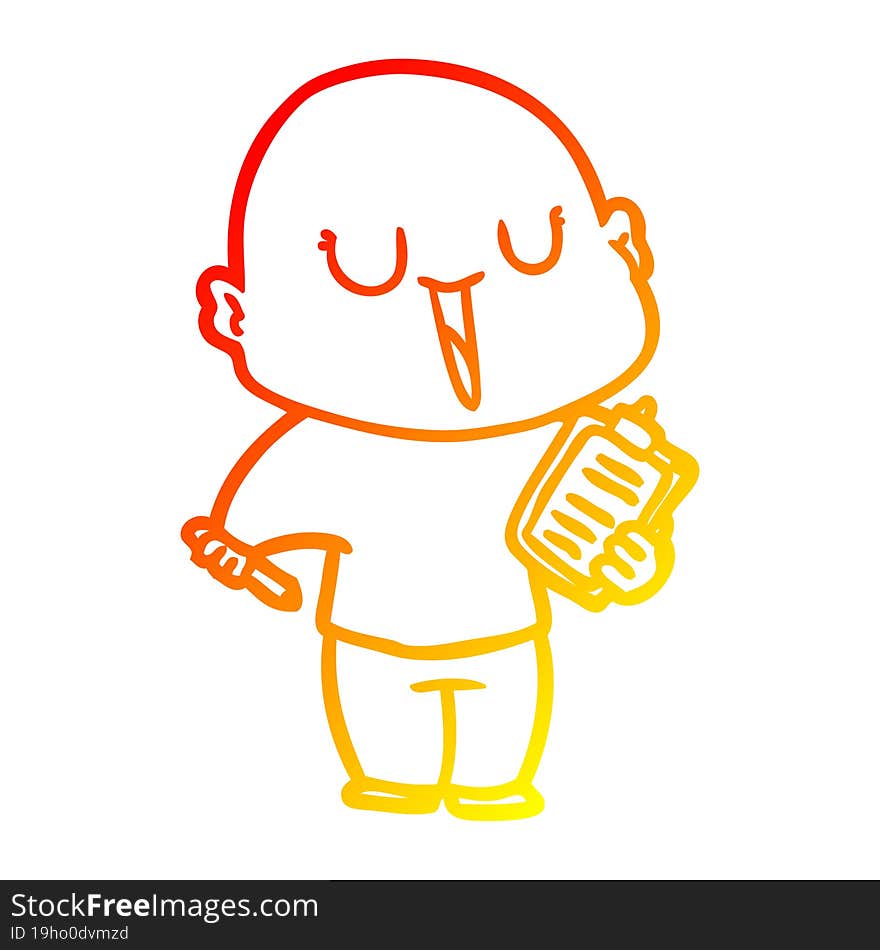 warm gradient line drawing of a happy cartoon bald man