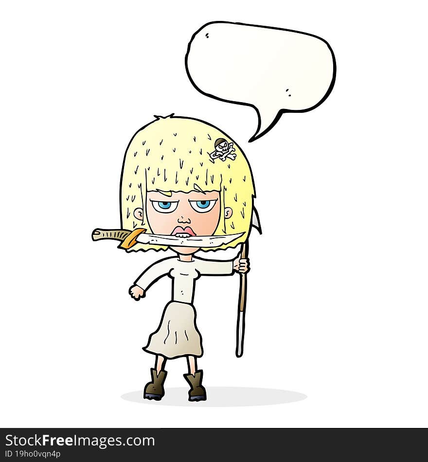 cartoon woman with knife and harpoon with speech bubble