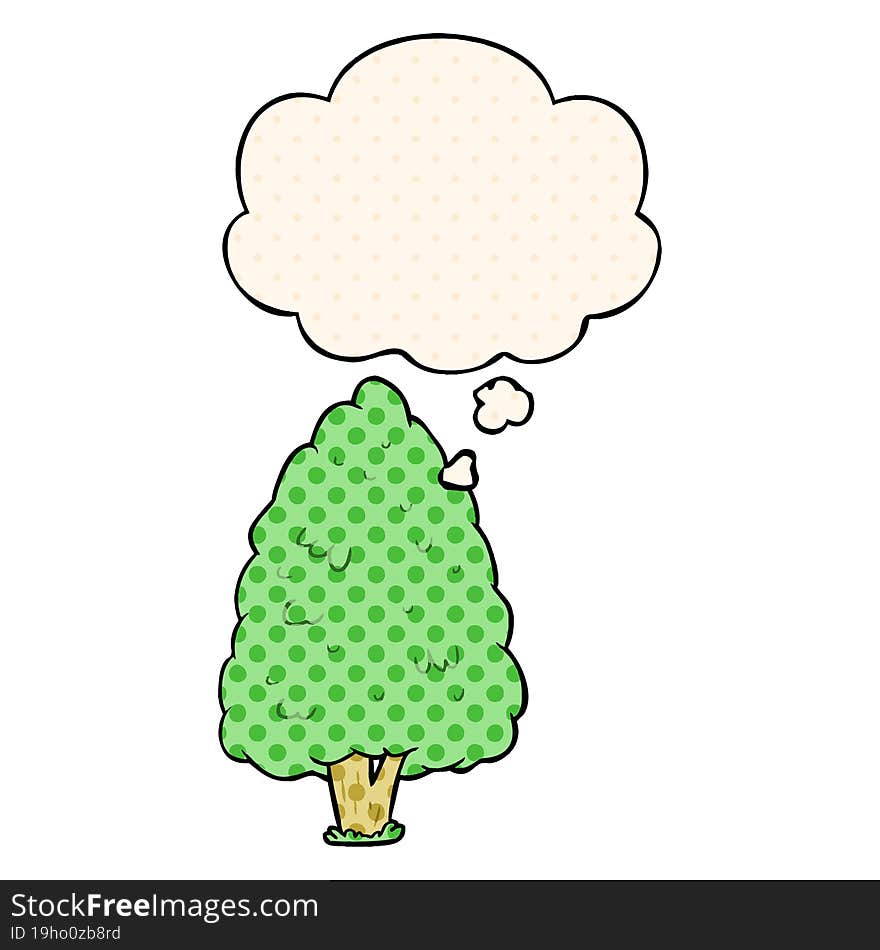 cartoon tall tree and thought bubble in comic book style