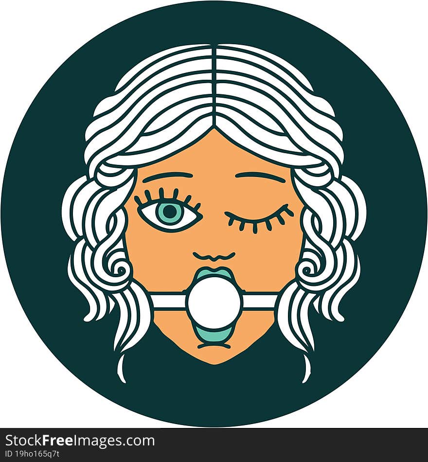 tattoo style icon of winking female face with ball gag