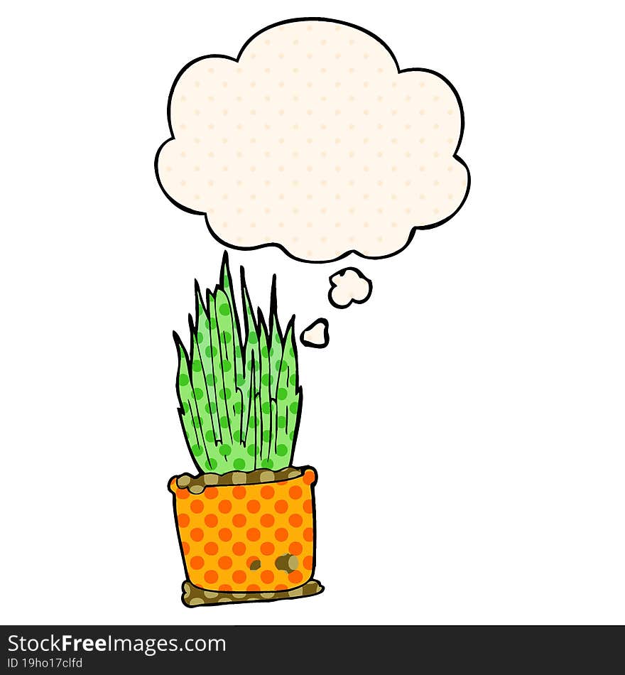 cartoon house plant with thought bubble in comic book style