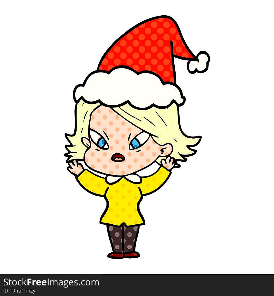 comic book style illustration of a stressed woman wearing santa hat