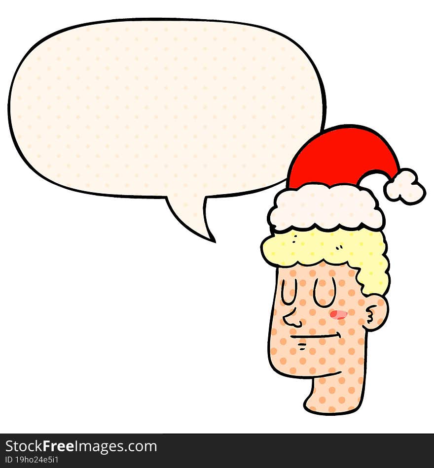 cartoon man wearing christmas hat with speech bubble in comic book style