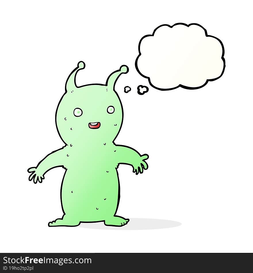 cartoon happy little alien with thought bubble