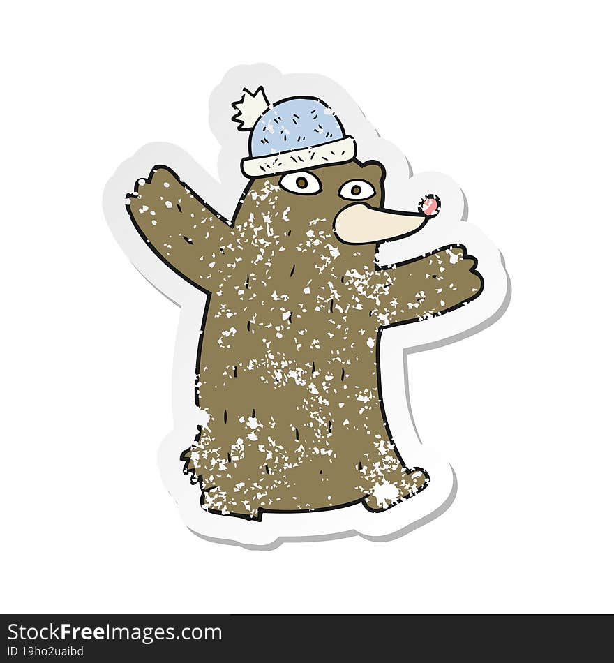 retro distressed sticker of a cartoon bear wearing hat