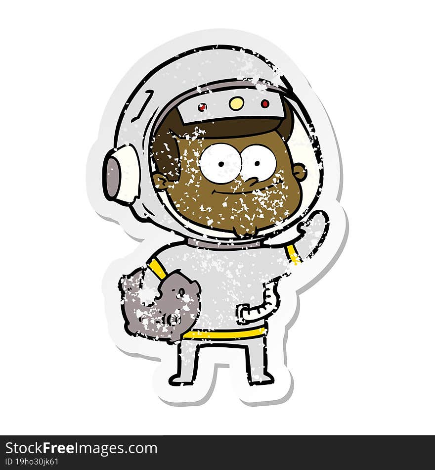 distressed sticker of a happy astronaut cartoon