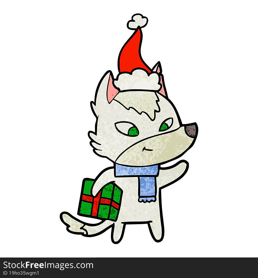 friendly textured cartoon of a christmas wolf wearing santa hat