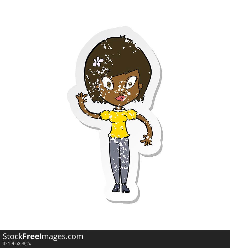 Retro Distressed Sticker Of A Cartoon Pretty Woman Waving