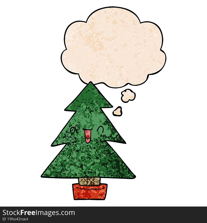 cartoon christmas tree and thought bubble in grunge texture pattern style