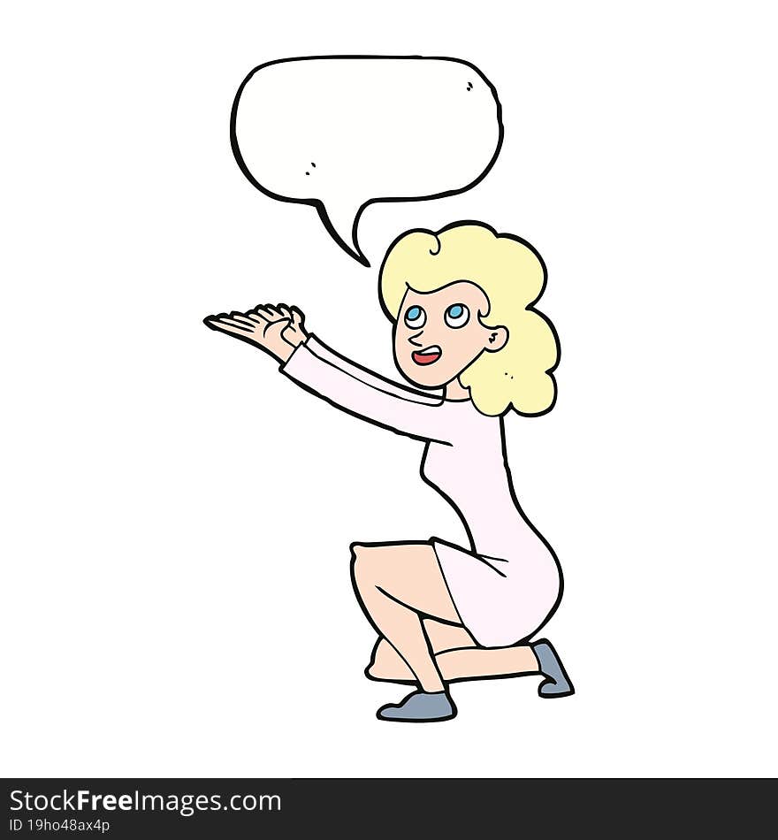 cartoon woman presentation gesture with speech bubble