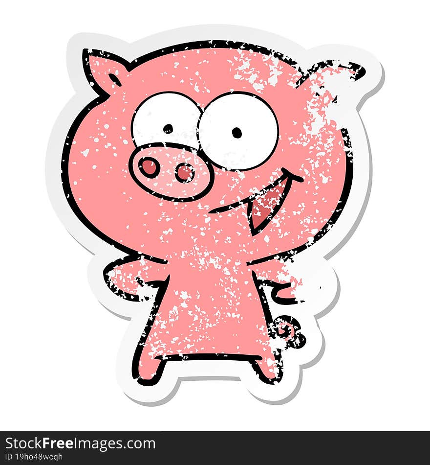 distressed sticker of a cheerful pig cartoon