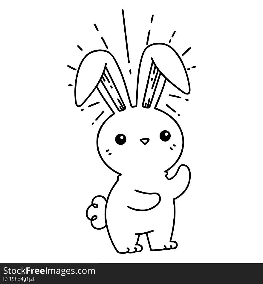 illustration of a traditional black line work tattoo style cute bunny