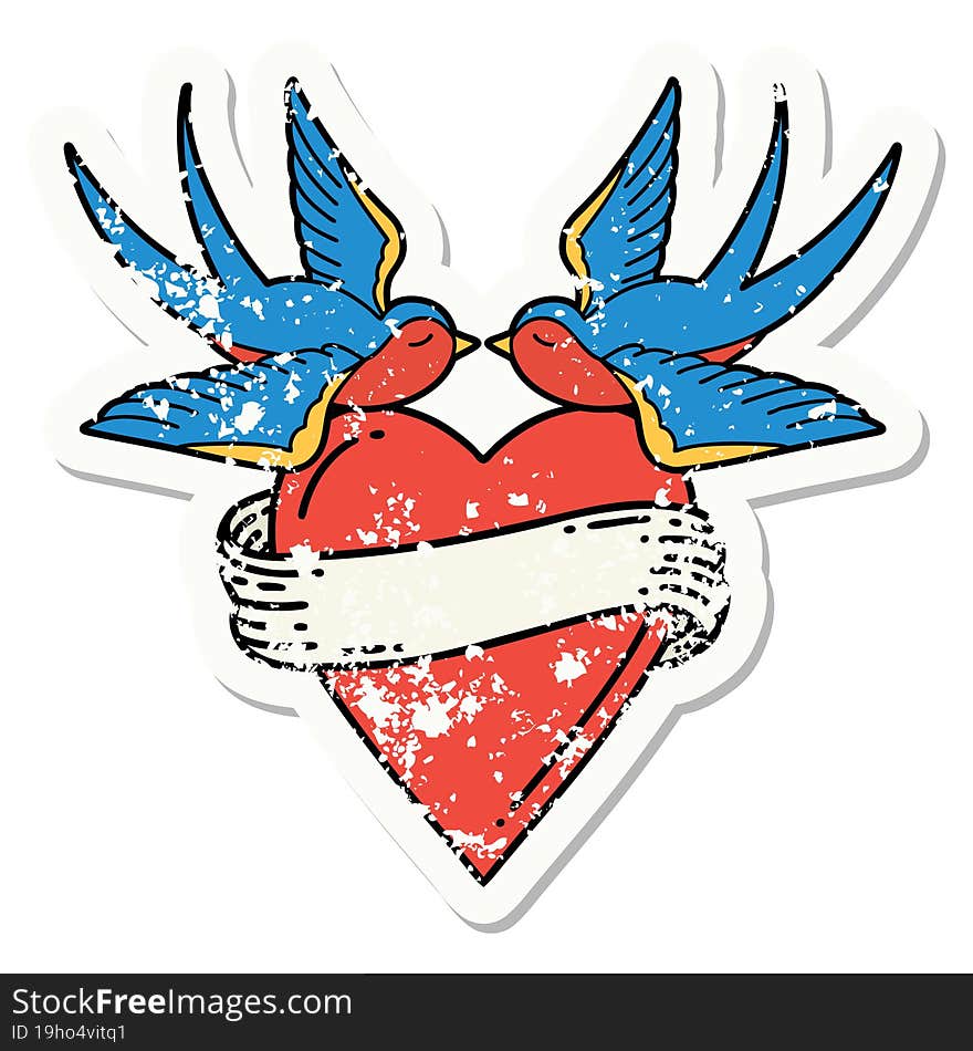 distressed sticker tattoo in traditional style of swallows and a heart with banner. distressed sticker tattoo in traditional style of swallows and a heart with banner