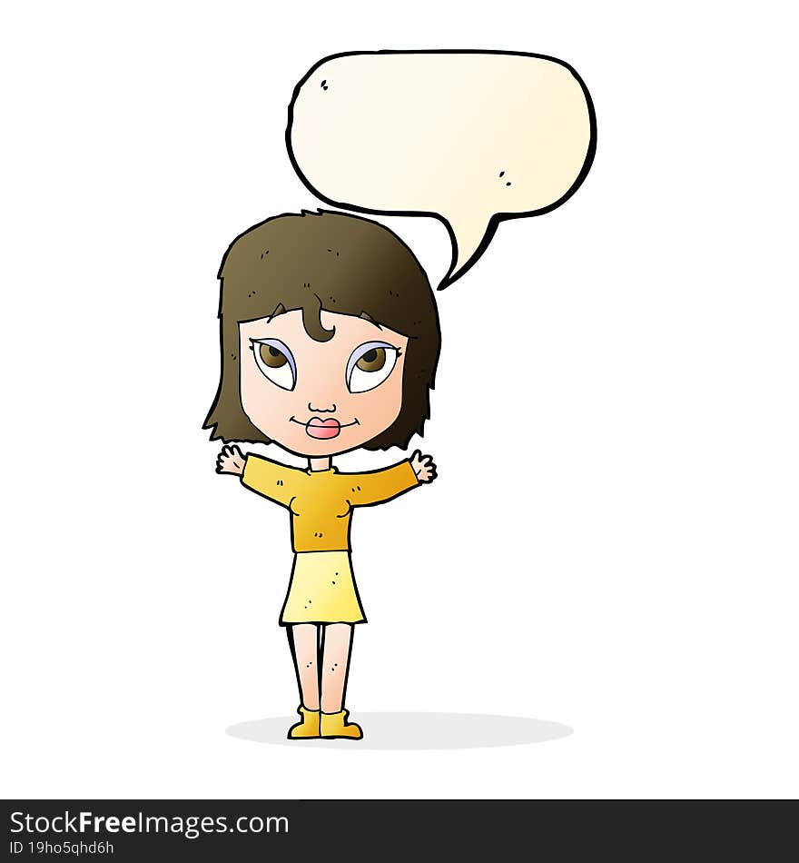 cartoon woman with open arms with speech bubble