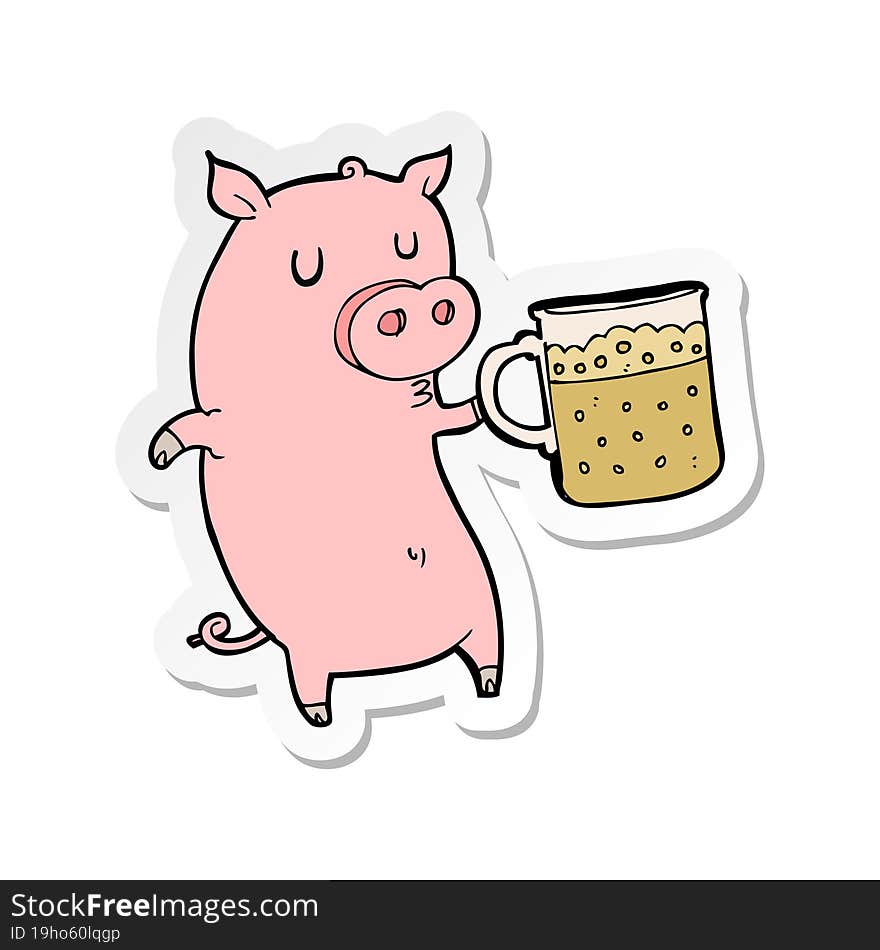 Sticker Of A Cartoon Pig With Beer