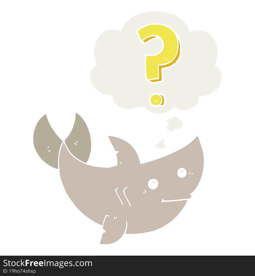 cartoon shark asking question and thought bubble in retro style