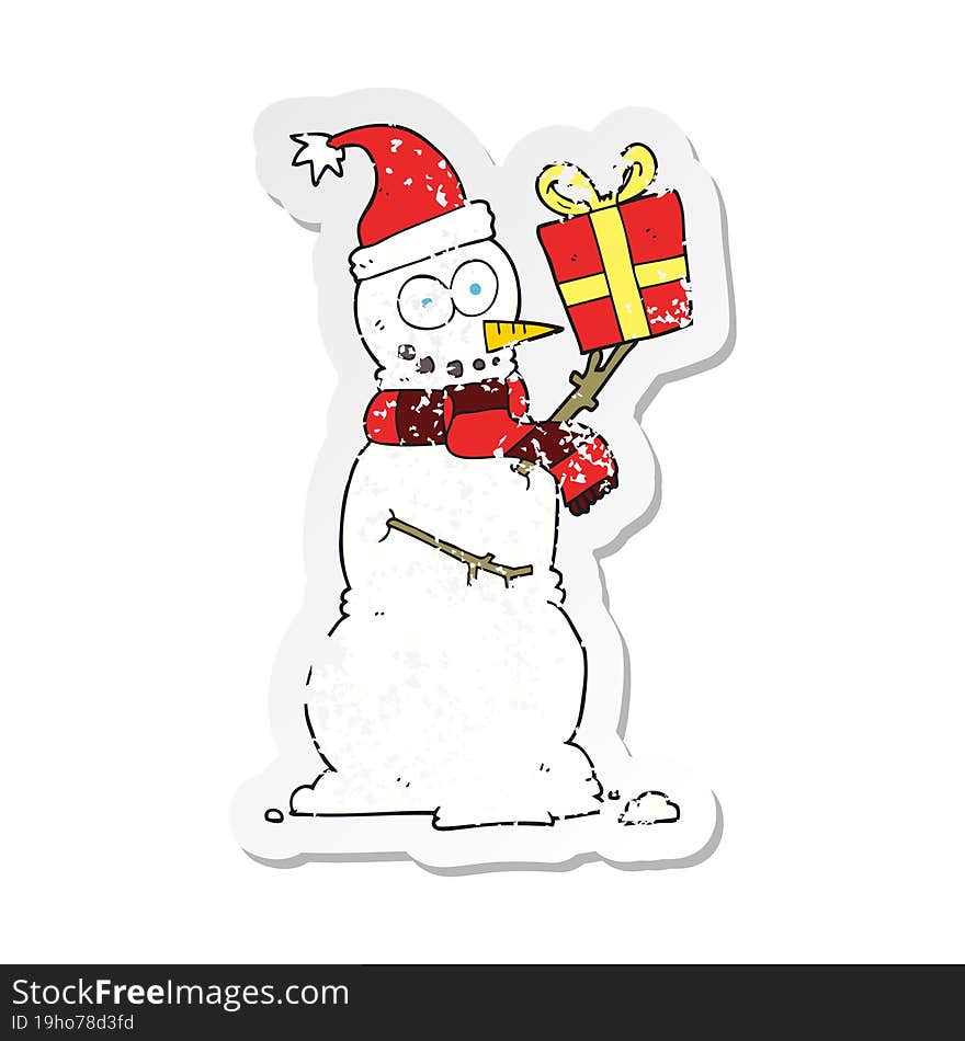 retro distressed sticker of a cartoon snowman holding present