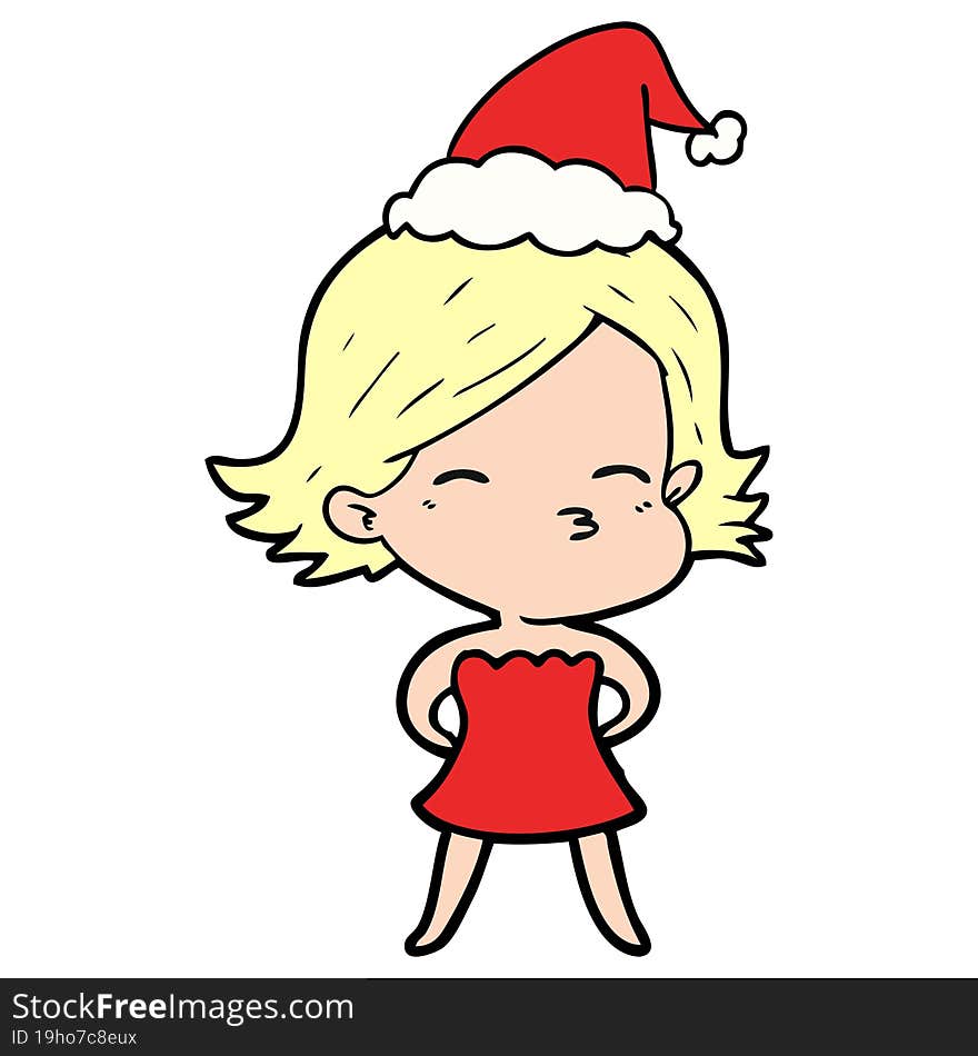 hand drawn line drawing of a woman wearing santa hat