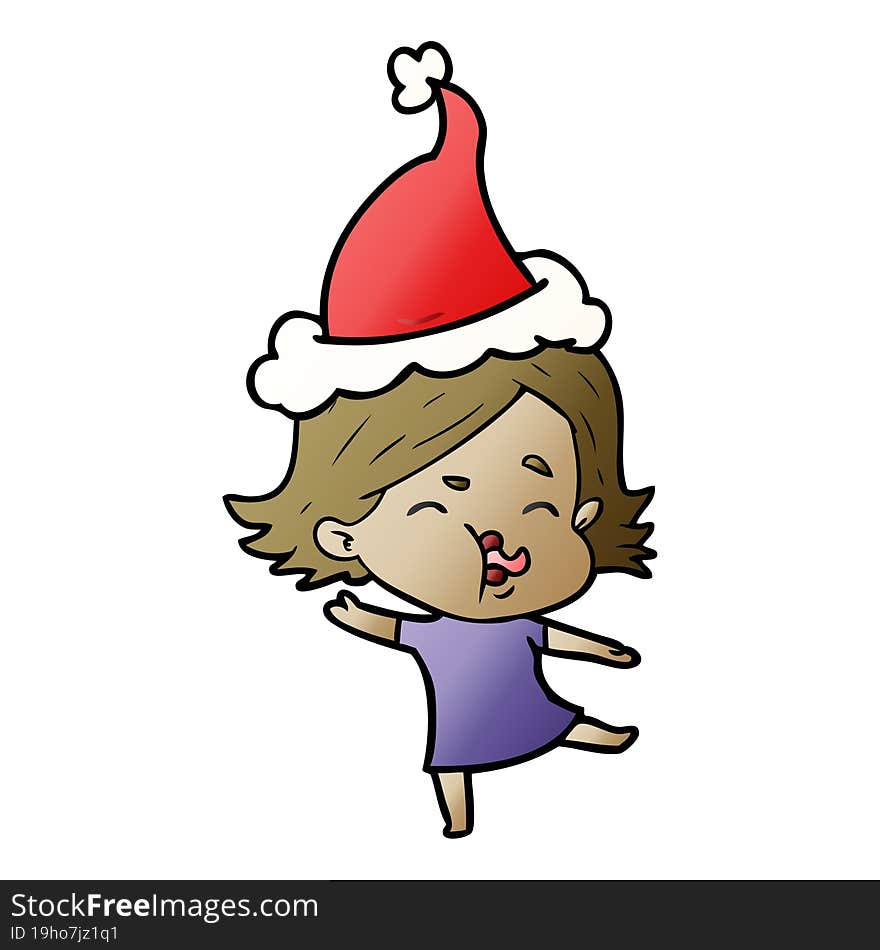 hand drawn gradient cartoon of a girl pulling face wearing santa hat