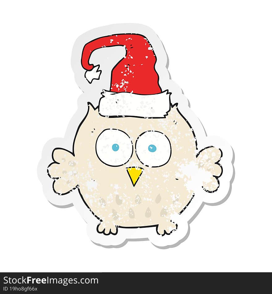 retro distressed sticker of a cartoon owl wearing christmas hat