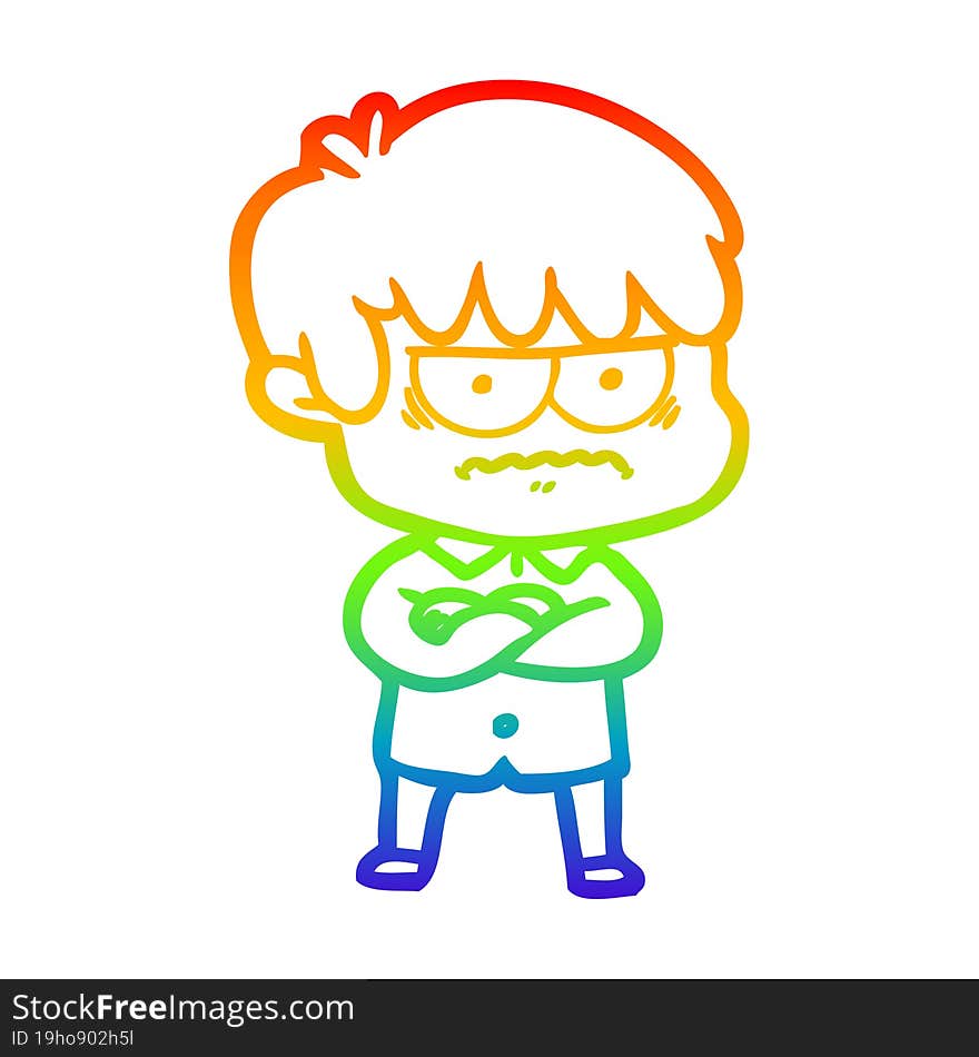 rainbow gradient line drawing of a annoyed cartoon boy