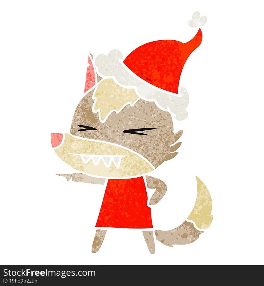 angry wolf retro cartoon of a wearing santa hat