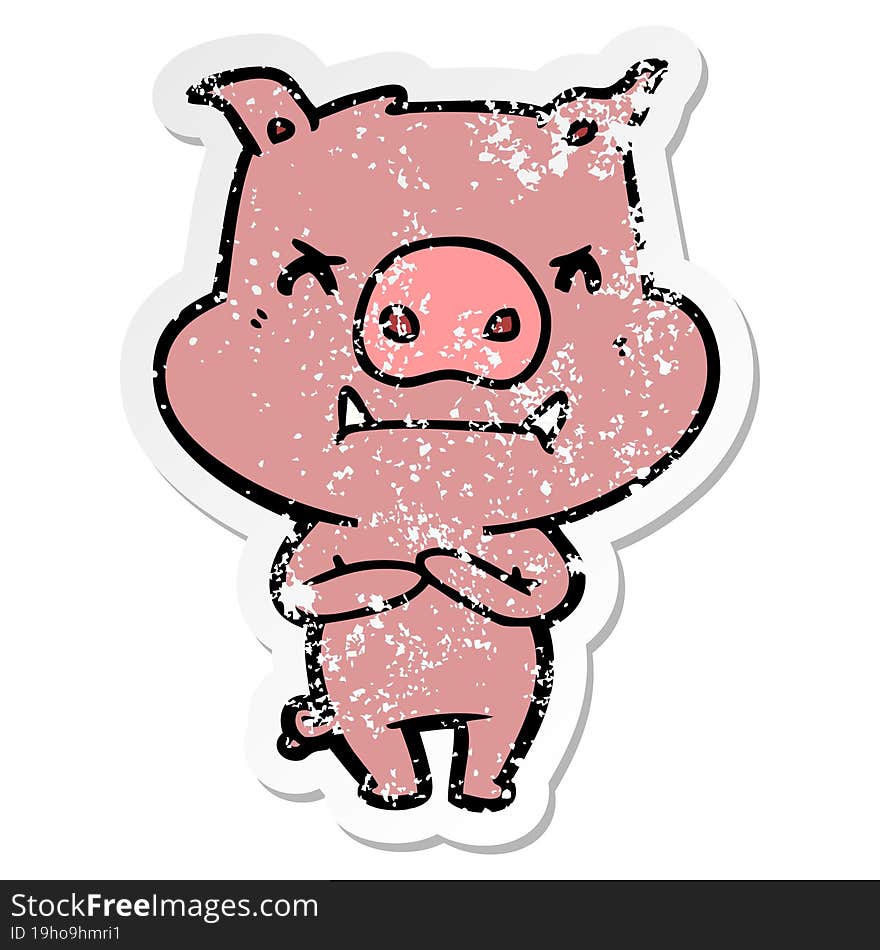 distressed sticker of a angry cartoon pig