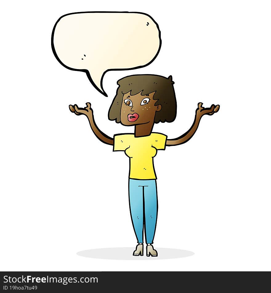 cartoon woman holding up hands with speech bubble