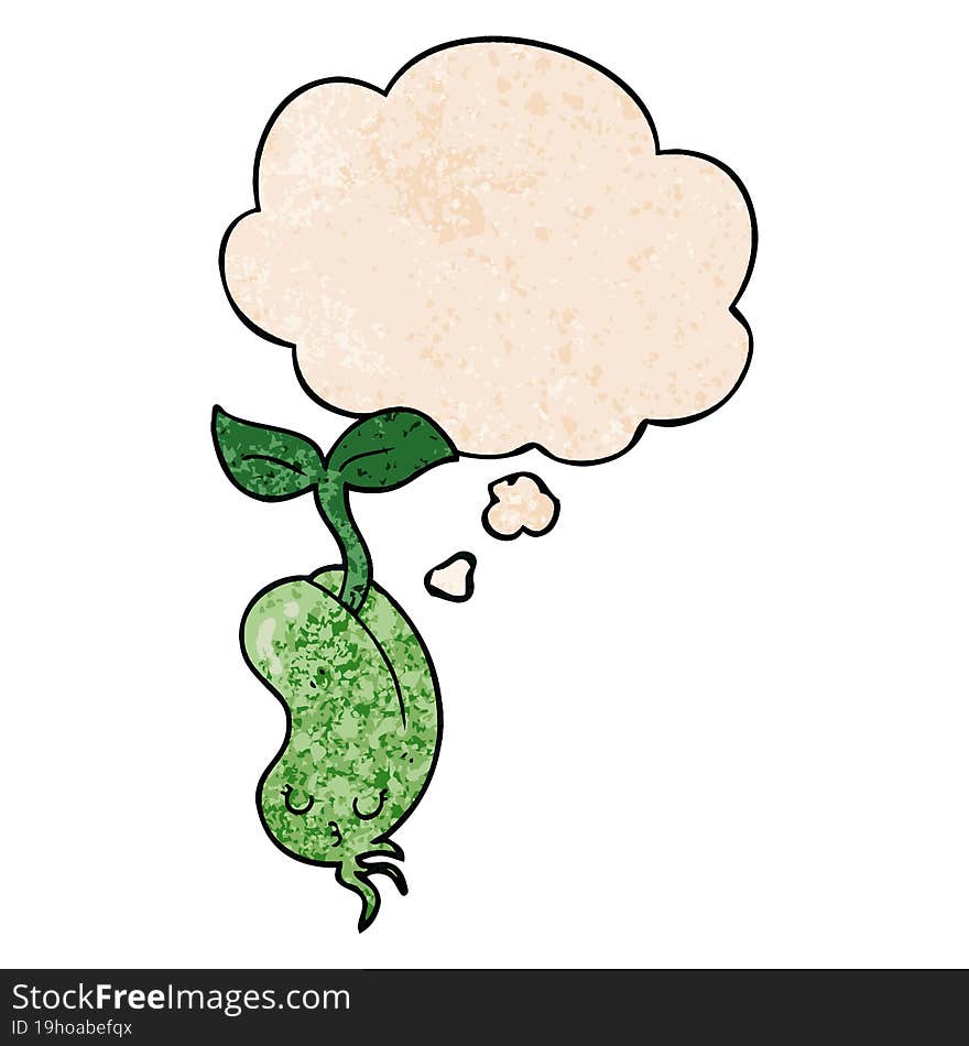 cartoon sprouting bean and thought bubble in grunge texture pattern style