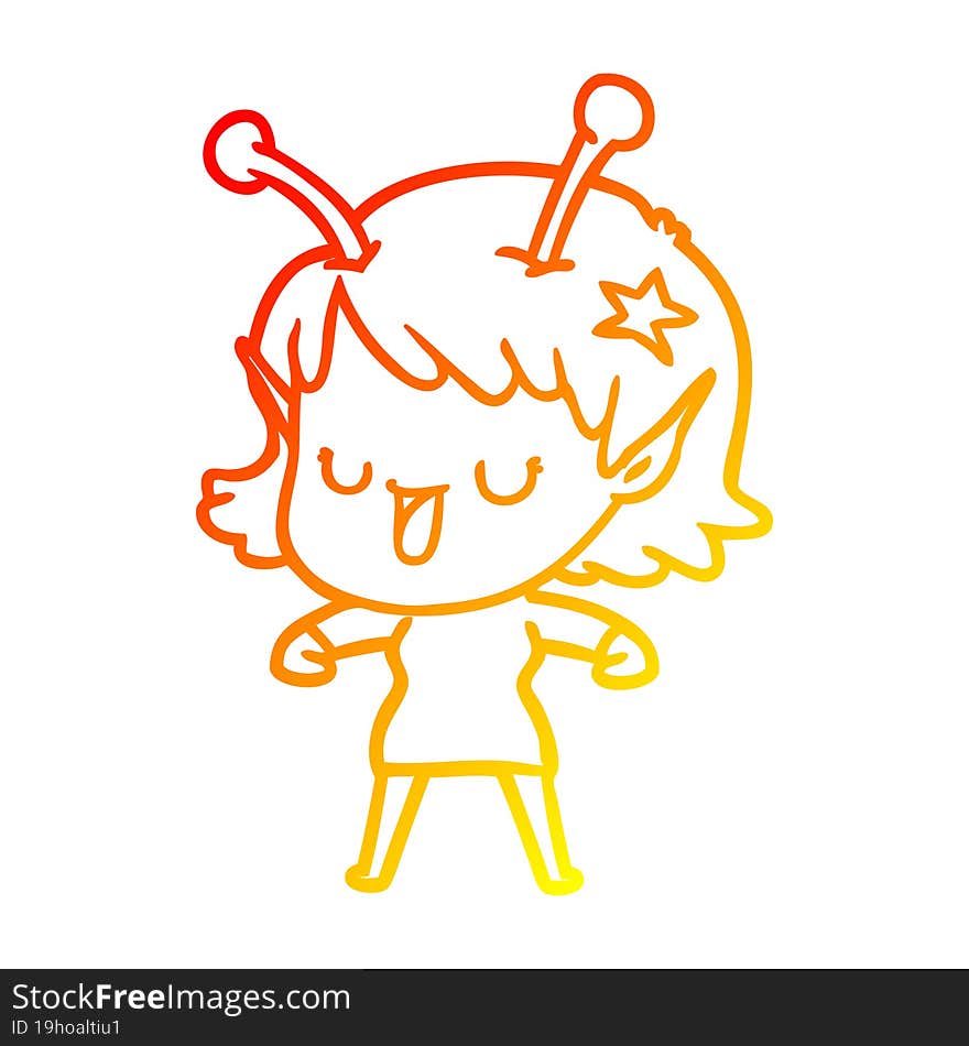 Warm Gradient Line Drawing Happy Alien Girl Cartoon