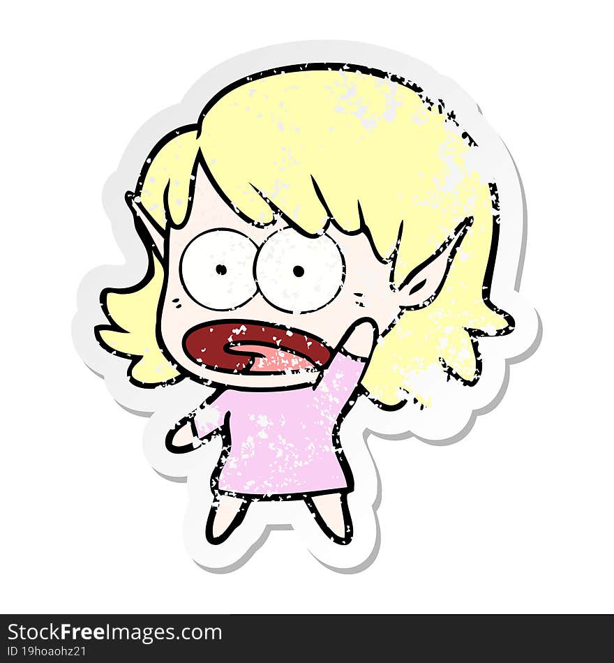 distressed sticker of a cartoon shocked elf girl