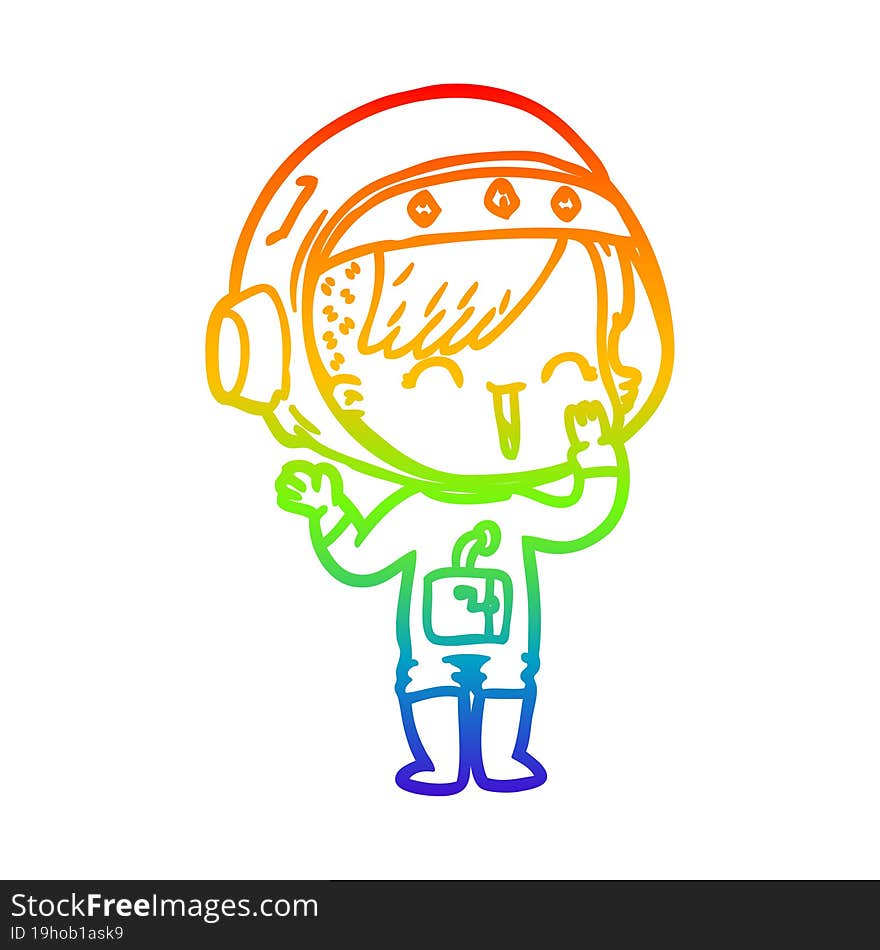 rainbow gradient line drawing of a cartoon laughing astronaut girl