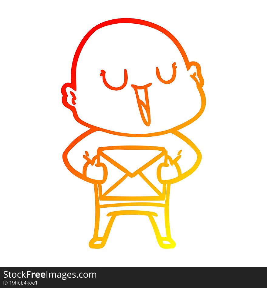 warm gradient line drawing happy cartoon bald man with package