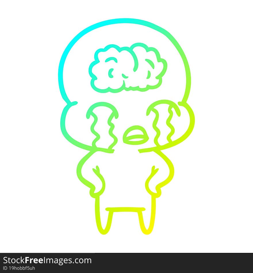 Cold Gradient Line Drawing Cartoon Big Brain Alien Crying