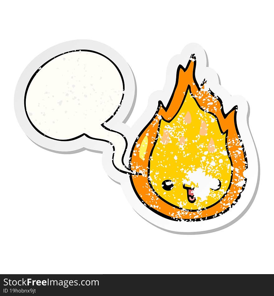 cartoon flame and speech bubble distressed sticker