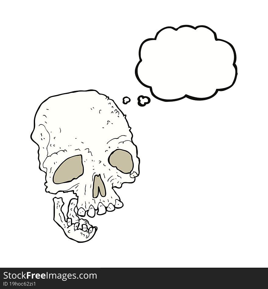 cartoon ancient spooky skull with thought bubble