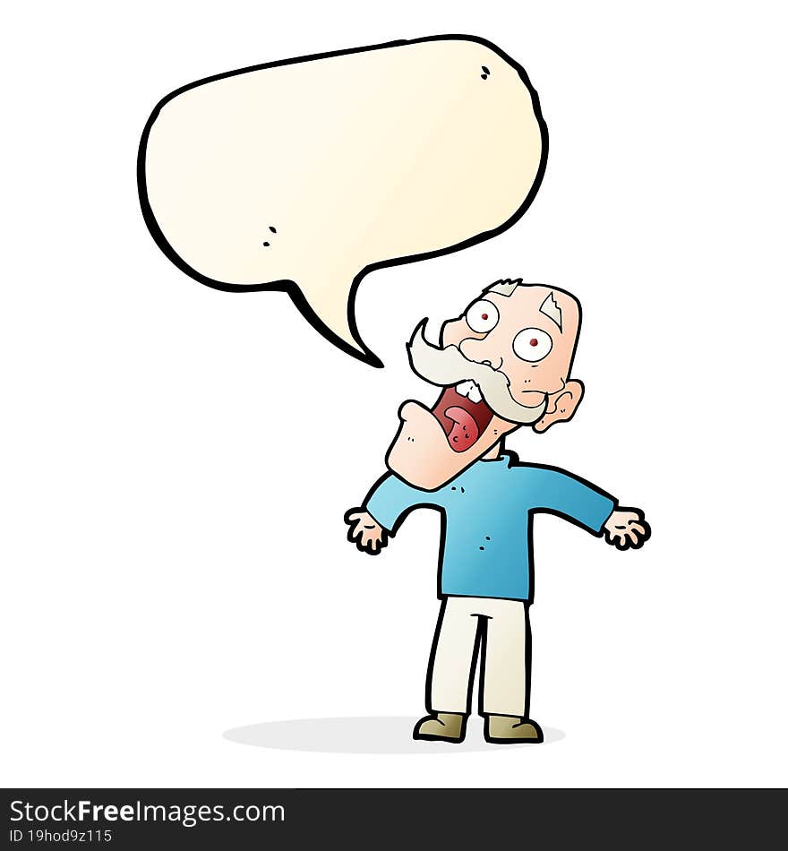 cartoon terrified old man with speech bubble