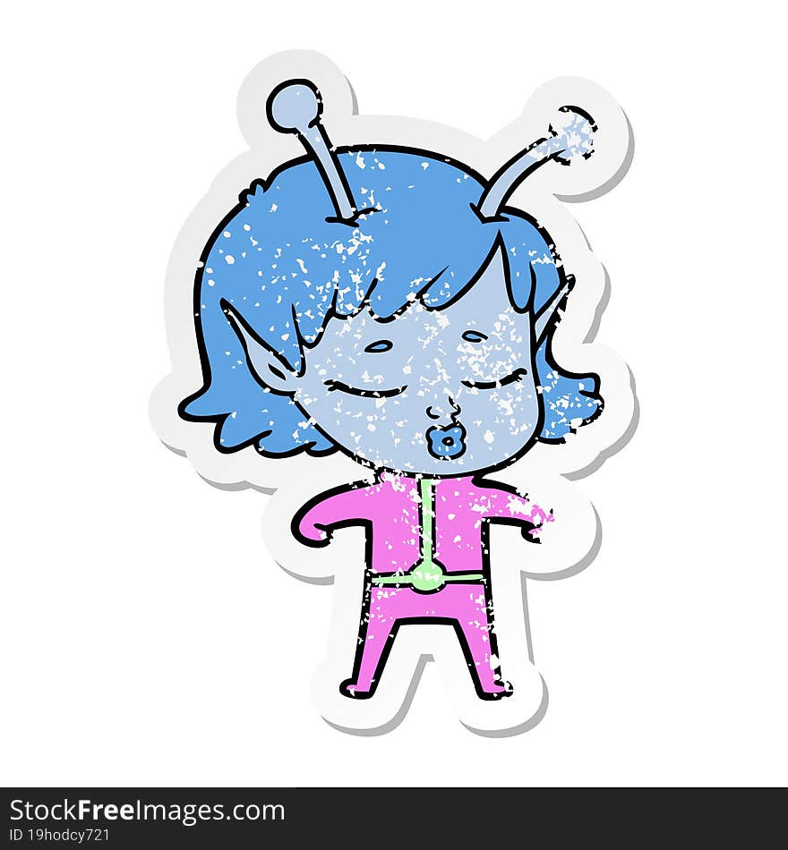 distressed sticker of a cartoon alien girl