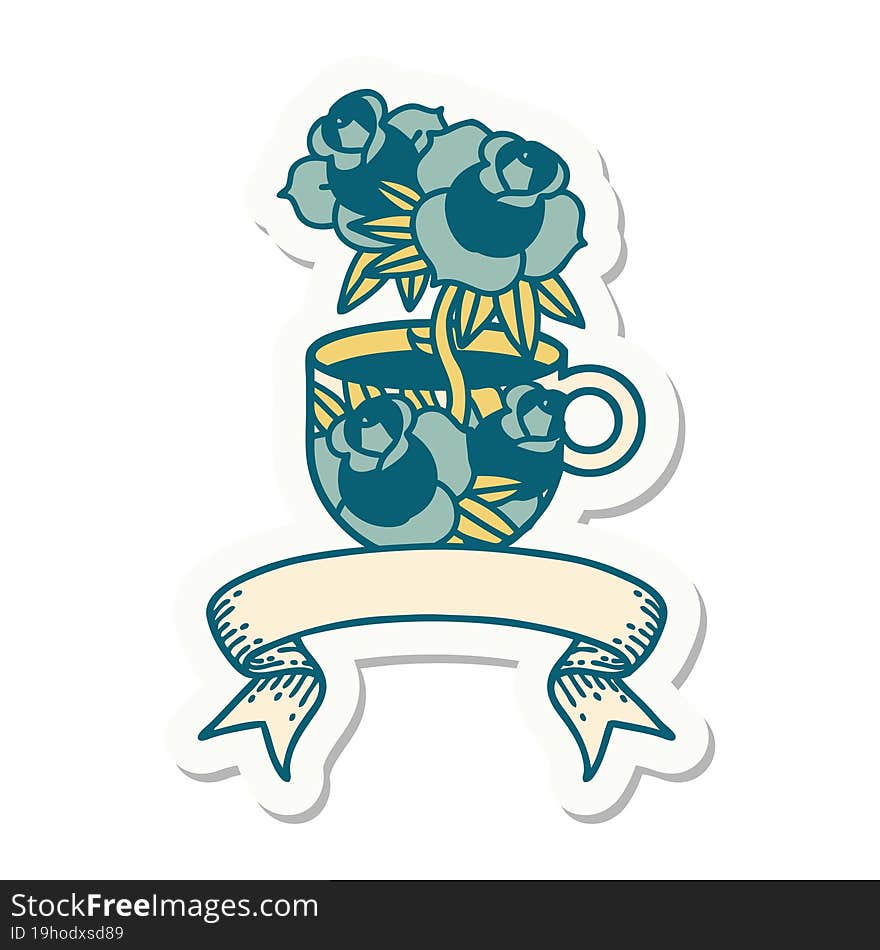 tattoo sticker with banner of a cup and flowers