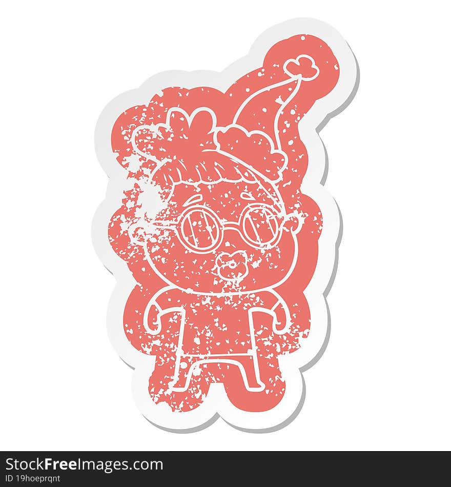 cartoon distressed sticker of a woman wearing spectacles wearing santa hat