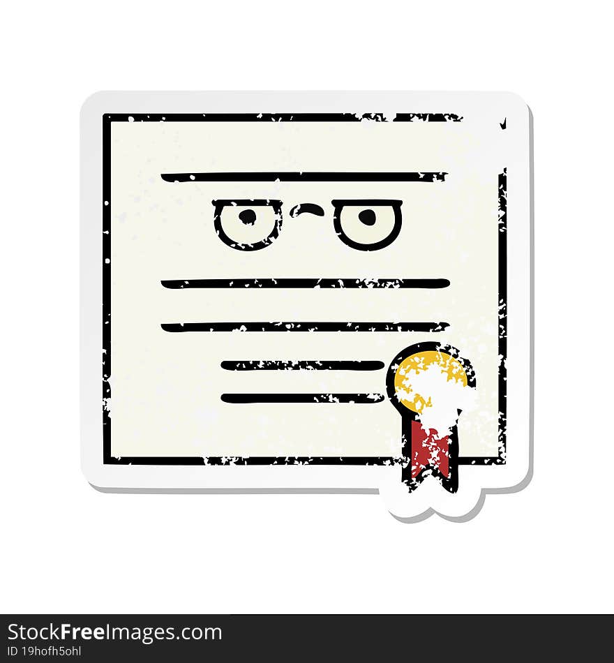 distressed sticker of a cute cartoon graduation diploma